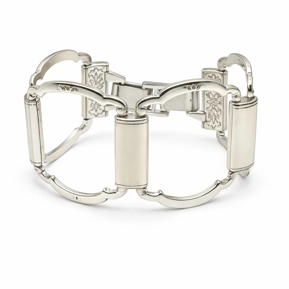 Brighton Silver Tone Link Bracelet Floral Hinged Panel Chunky Vintage Style